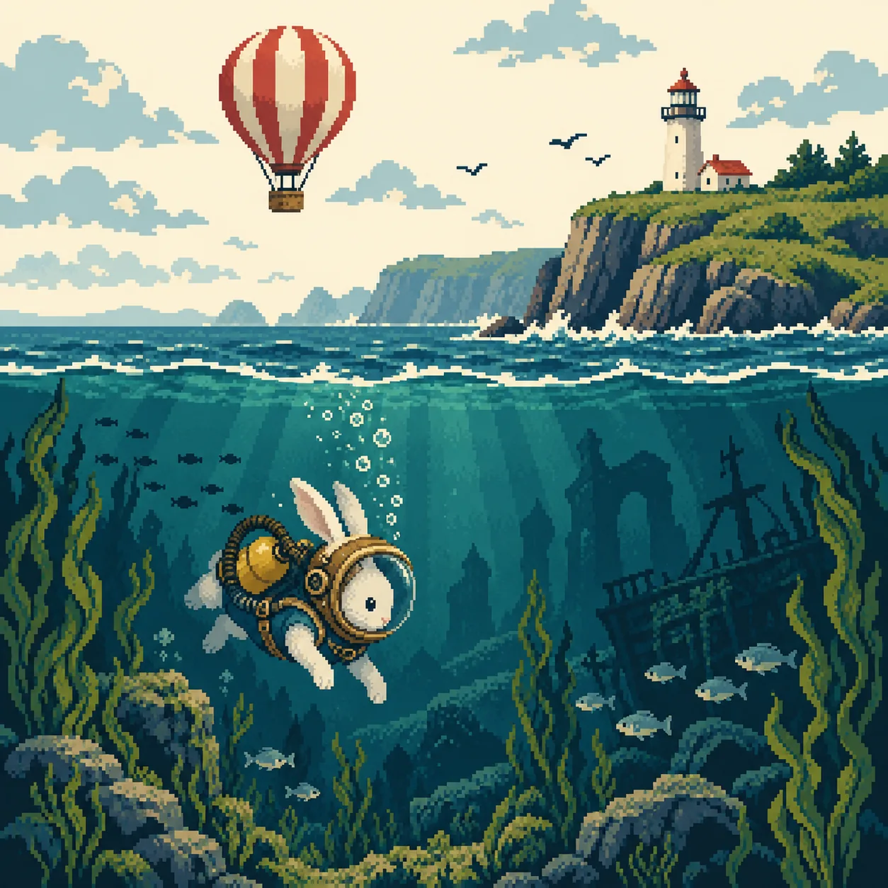Pixel scene of a balloon over the sea and a rabbit diving below